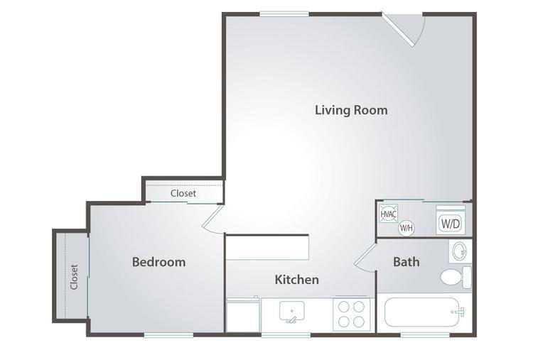 2D | The Foxtail Palm is our cozier 1-bedroom apartment for rent in Boca Raton, FL. This floor plan features an open kitchen, spacious living and dining area, and a bedroom with a spacious closet, and square footage that will comfortably fit a queen size bed.