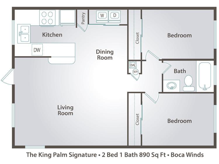 2D | The Queen Palm contains 2 bedrooms and 1 bathrooms in 890 square feet of living space.