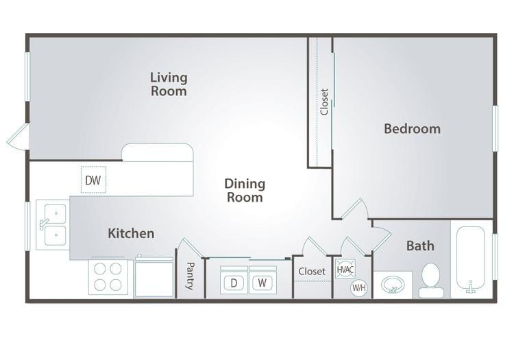 2D | The Royal Palm contains 1 bedroom and 1 bathroom in 690 square feet of living space.
