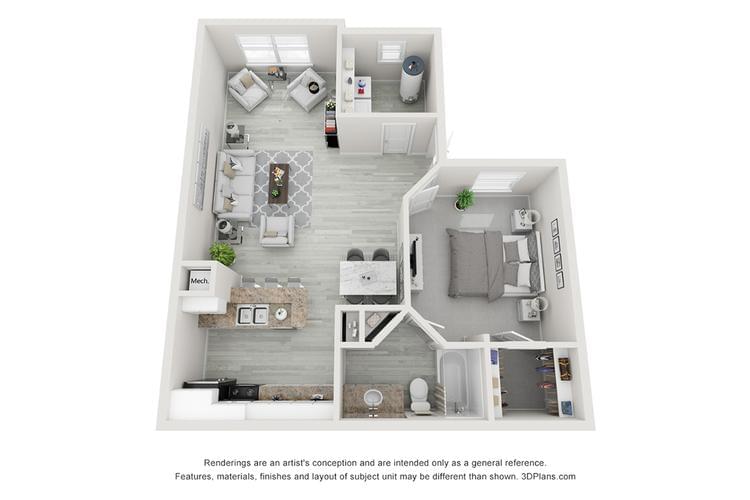 3D | The Camden contains 1 bedroom and 1 bathroom in 720 square feet of living space.