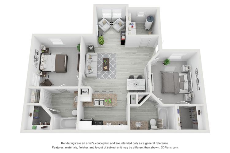 3D | The Hampshire contains 2 bedrooms and 2 bathrooms in 975 square feet of living space.