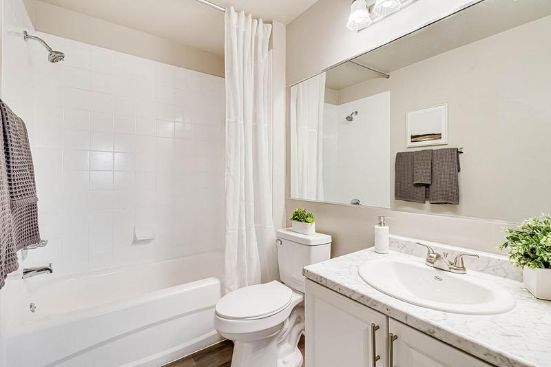 Guest Bathroom | Bathrooms feature large mirrors, and wood-style flooring.