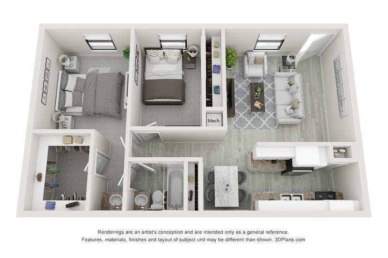 3D | Open living space with full size kitchen and pantry. Master bedroom features a large walk-in closet and access to the Jack and Jill style bathroom.
