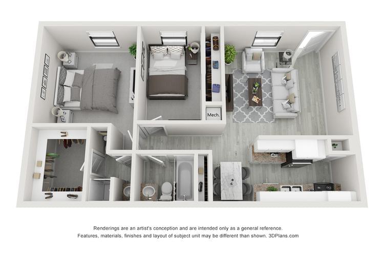 2D |  The Element contains 2 bedrooms and 2 bathrooms in 900 square feet of living space.