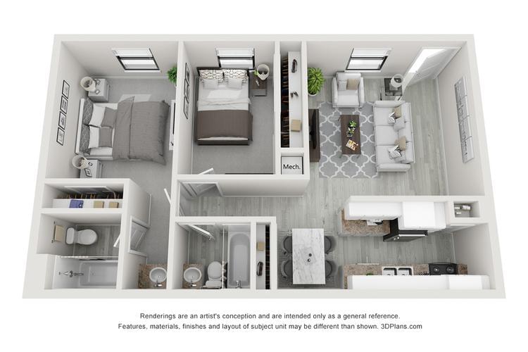 3D | The Majestic contains 2 bedrooms and 2 bathrooms in 925 square feet of living space.
