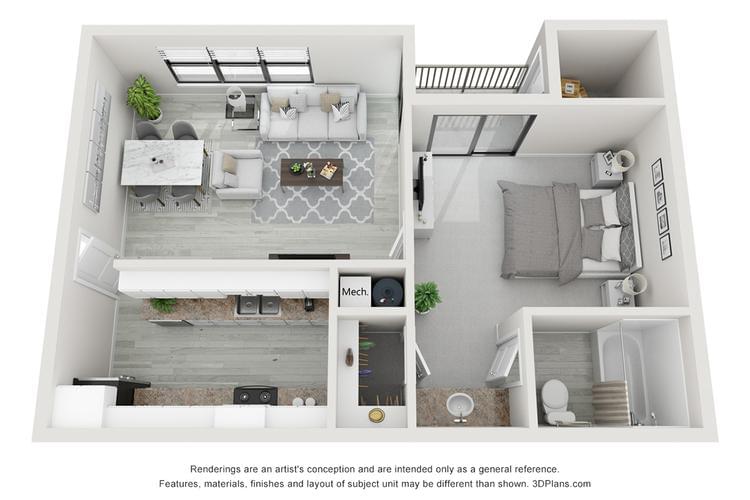 2D | The Sago contains 1 bedroom and 1 bathroom in 725 square feet of living space.