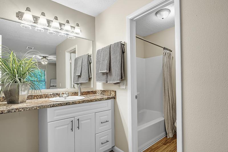 Master Bathroom | You'll love your spacious master bathrooms featuring granite-style countertops, wood-style flooring, and large mirrors. 