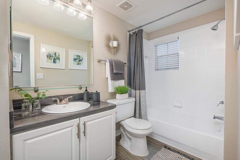 Bathroom | Updated bathrooms with updated counter tops, wood-style flooring, and large mirrors.