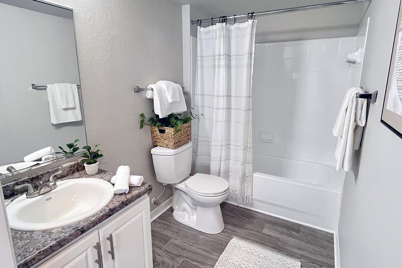 Bathroom | Bathrooms feature wood-style flooring, granite-style countertops, and large mirrors.