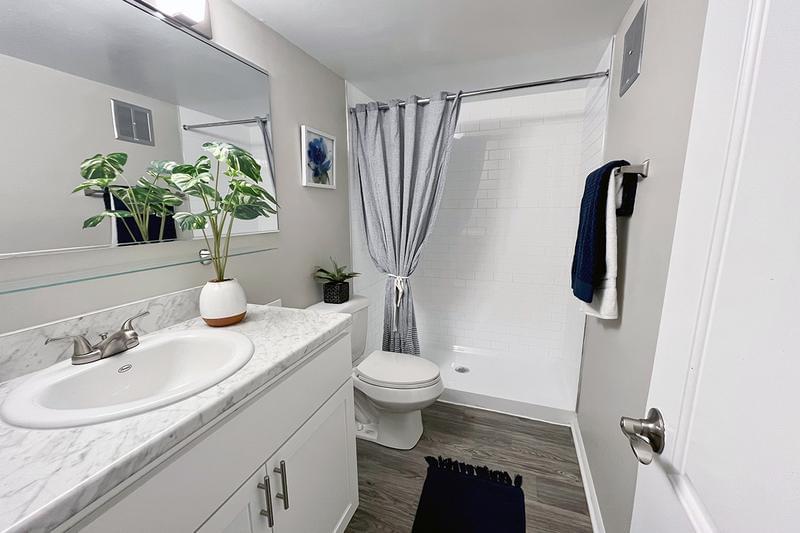 Bathroom with Stand Up Shower* | Other bathrooms feature a stand-up shower, wood-style flooring, and oversized mirrors. *In select units.