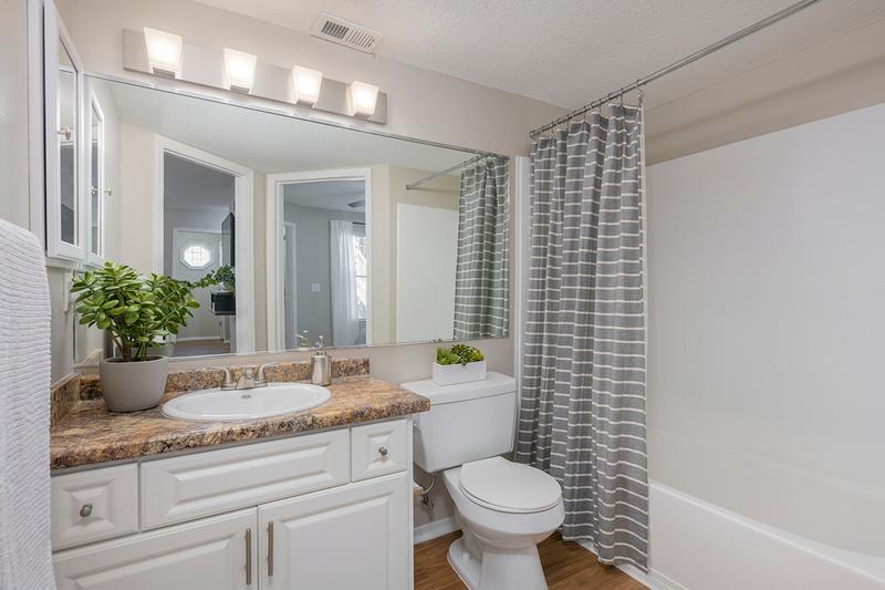 Bathroom | Bathrooms feature granite-style countertops, wood-style flooring, and a large mirror.