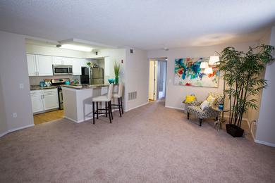 Spacious Floor Plans | Open floor plan layout with plush carpeting and kitchens with breakfast bars.