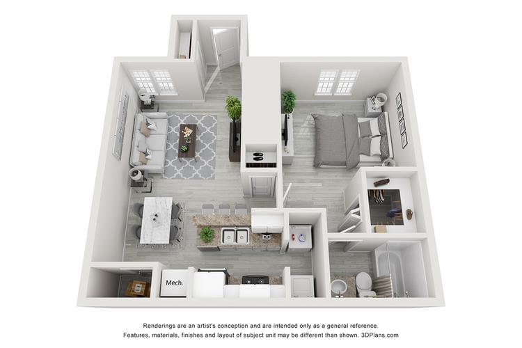 3D | The Ambrey is our premium one bedroom downstairs apartment in Naples, FL includes a deluxe kitchen package with stainless steel appliances, white cabinetry, and a breakfast bar. Not to mention washer and dryer, walk-in closet and extra-large storage closet in every home.