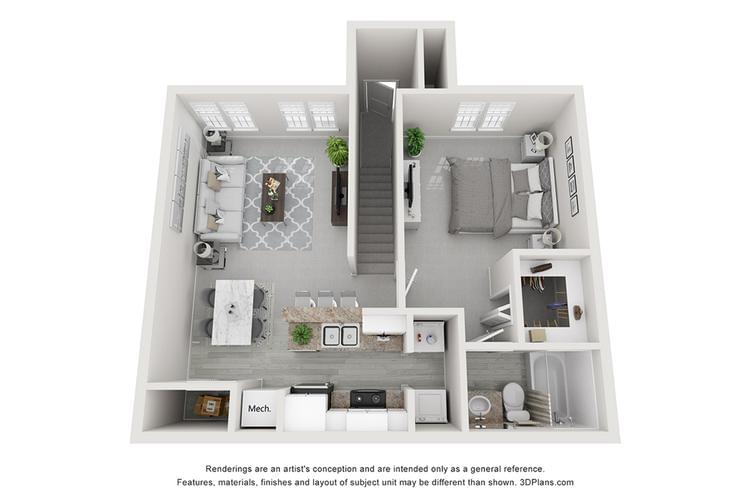 3D | The Ascot contains 1 bedroom and 1 bathroom in 719 square feet of living space.