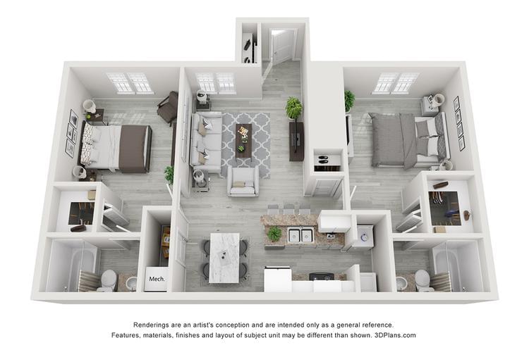 3D | The Barclay is our premium two-bedroom apartment home features dual master suites with walk-in closets, private bathrooms and washer/dryer.   A deluxe kitchen package is also included which boasts stainless steel appliances and new modern countertops.