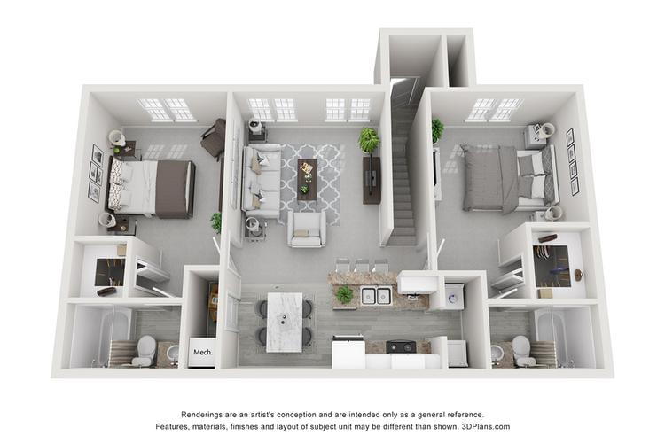 3D | The Biltmore is our premium two bedroom apartment home features dual master suites with walk-in closets, private bathrooms and washer/dryer.  A deluxe kitchen package is also included which boasts stainless steel appliances and new modern countertops.