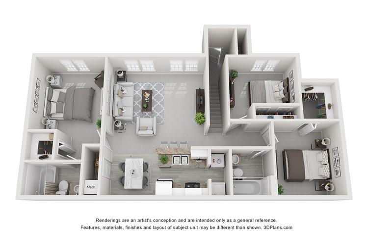 3D | The Camelot is our premium three-bedroom apartment home includes a deluxe kitchen package with stainless steel appliances, white cabinetry and pantry. This three-bedroom layout also features a split floor plan and impressive master suite.