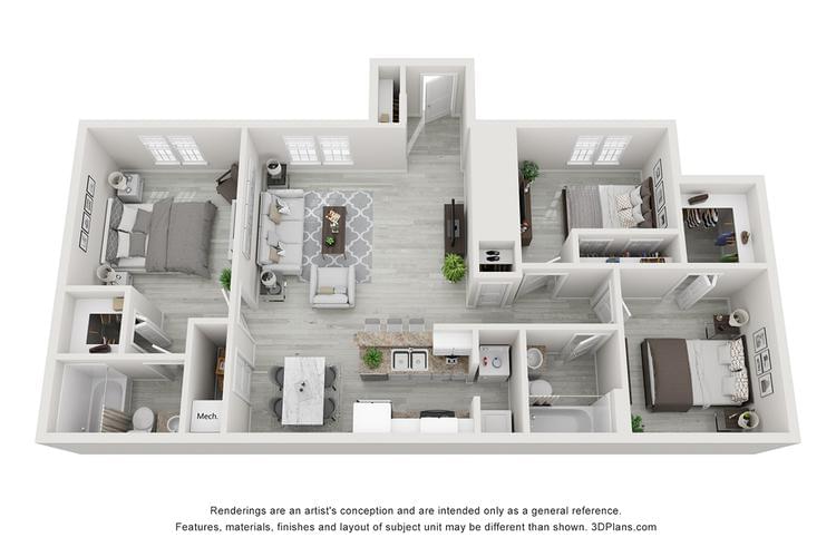 3D | The Canterbury is our premium three bedroom downstairs apartment home includes a deluxe kitchen package with stainless steel appliances, white cabinetry and pantry. This three bedroom also features a split floor plan, impressive master suite and extra-large storage closet in every home.