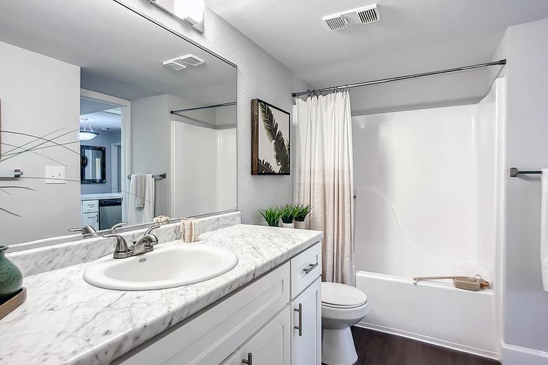 Master Bathroom | Master bathrooms featuring plank flooring, marble-style countertops, and large mirrors.