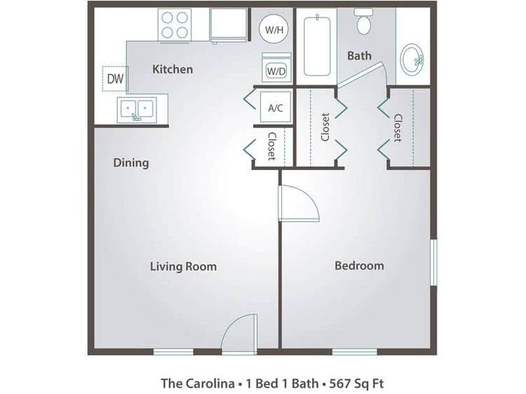 2D | The Carolina contains 1 bedroom and 1 bathroom in 567 square feet of living space.