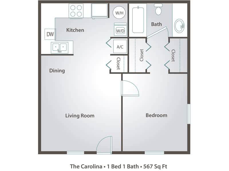 2D | The Carolina contains 1 bedroom and 1 bathroom in 567 square feet of living space.