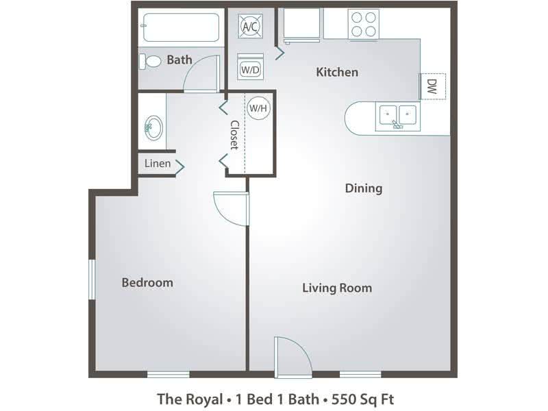 2D | The Royal contains 1 bedroom and 1 bathroom in 550 square feet of living space.