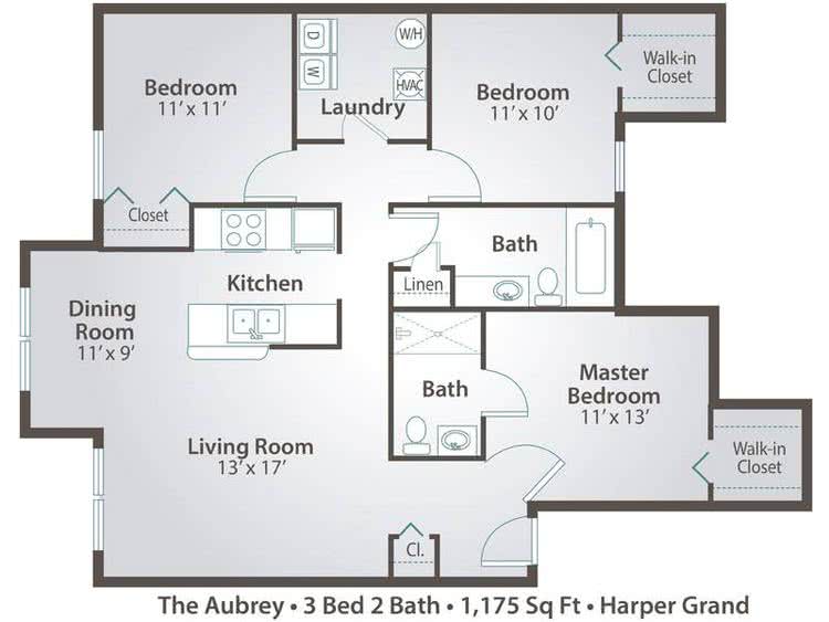 2D | The Aubrey contains 3 bedrooms and 2 bathrooms in 1175 square feet of living space.