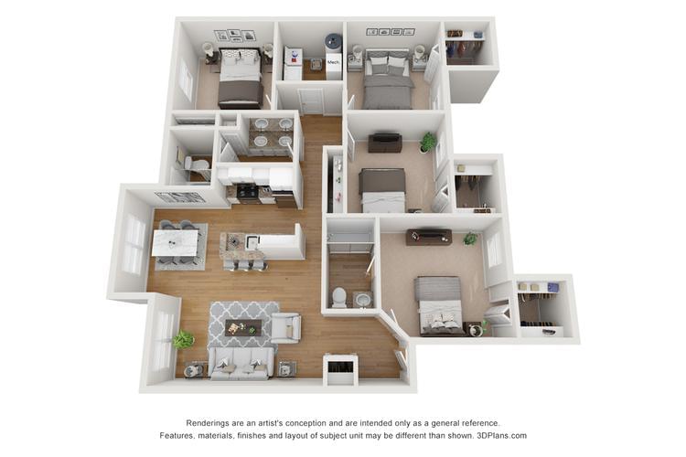 2D | The Emerson contains 4 bedrooms and 2 bathrooms in 1397 square feet of living space.