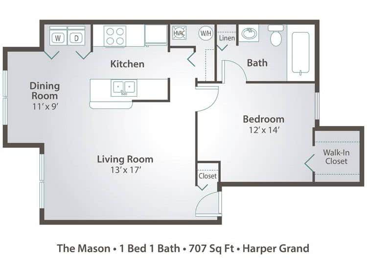 2D | The Mason contains 1 bedroom and 1 bathroom in 707 square feet of living space.