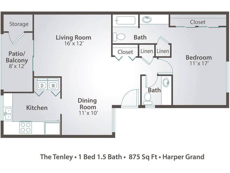 2D | The Tenley contains 1 bedroom and 1.5 bathroom in 875 square feet of living space.