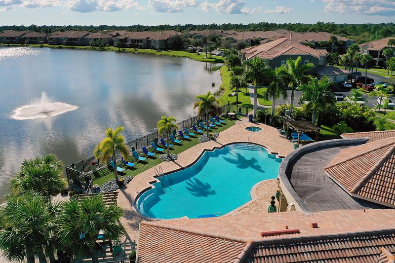 Aerial View of Pool | Take a dip in our lakeside swimming pool.