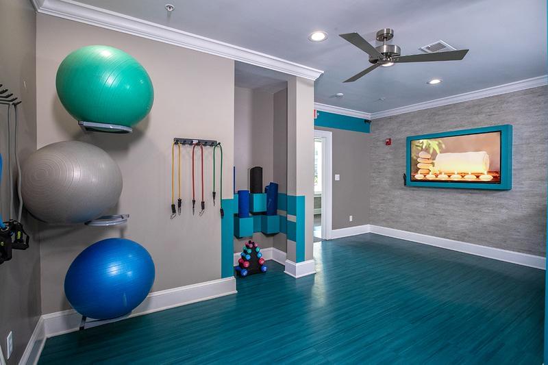 Yoga Center - Amazing Upgrades Coming Spring 2023! | Enjoy a peaceful setting in our yoga center featuring exercise balls and stretching equipment.