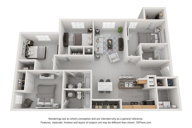 3D | You are guaranteed to fall in love with the beautiful Simon floor plan. This  4-bedroom 3 bath floor plan is perfect for living in harmony with your loved ones. This is more than an apartment, it’s a place to call home.