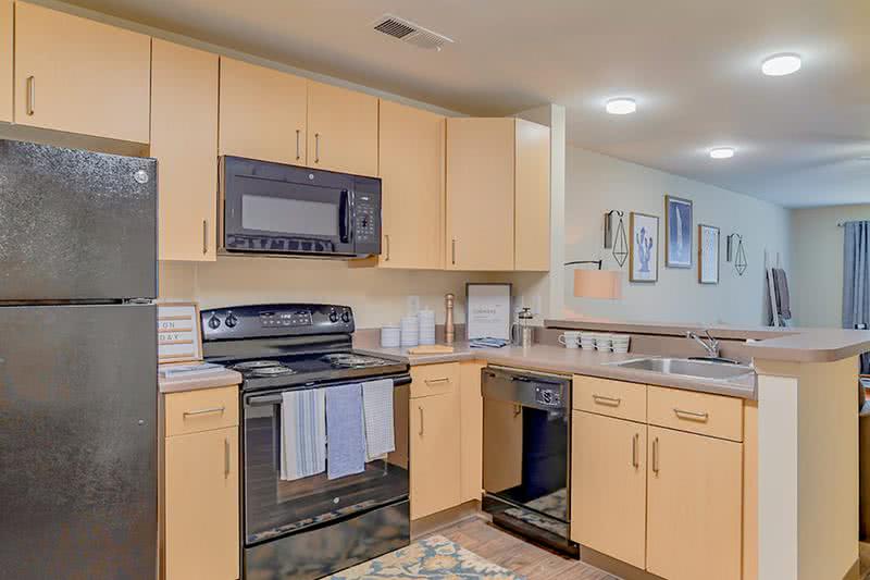 By the Bed Kitchen with Black Appliances | Select homes rented by the bed feature kitchens with black appliances.