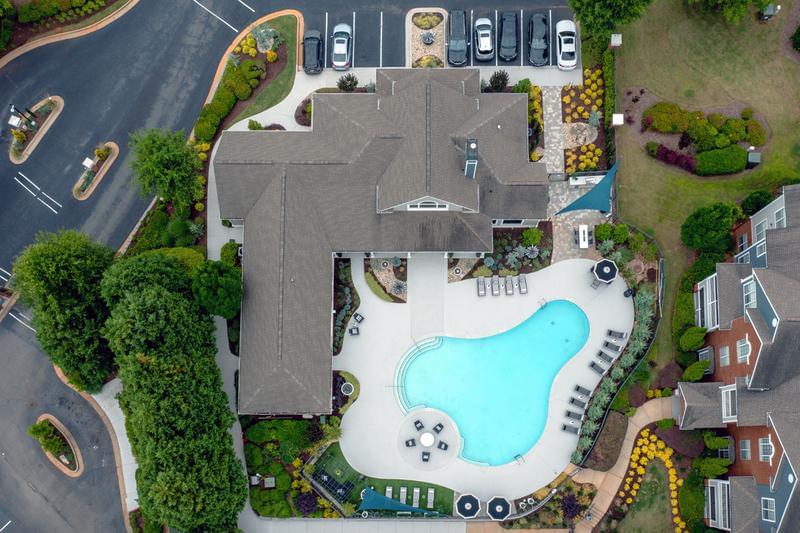 Aerial View of Pool | Aerial view of our expansive sundeck and resort-style pool area.