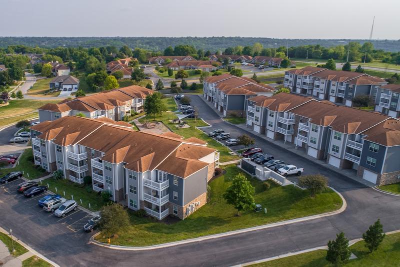 Aerial View of Community | An aerial view of Lenox West Luxury Apartments in Shawnee.