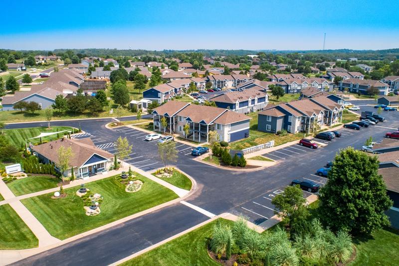 Aerial View of Community | A birdeyes view of Emory Lakes apartments in Topeka, KS.