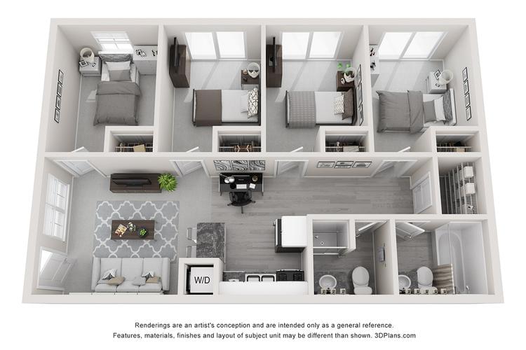 3D | The New England is our spacious four bedroom floor plan, featuring two full bathrooms. This floor plan also offers a fully applianced kitchen including a dishwasher, central air, and a stackable washer and dryer. Best of all, rent is all-inclusive (even high speed internet)!