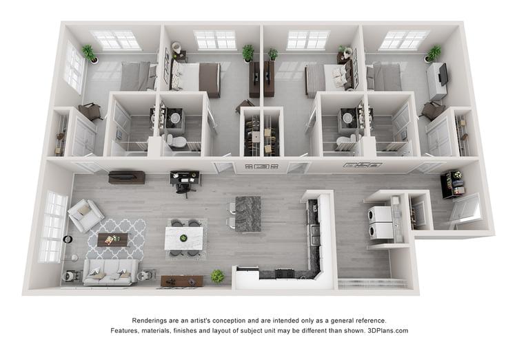 3D | Our brand new floor plan features four bedrooms, each with a private bathroom and spacious closet. The spacious, open concept floor plan is state-of-the-art, with stainless steel appliances, a full size washer and dryer, and modern accents throughout. All utilities are included!