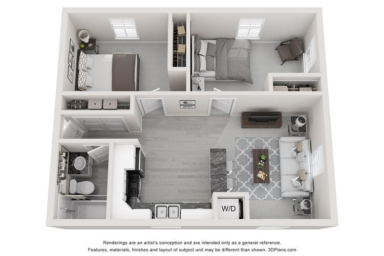 3D | The Valley is our most spacious two bedroom floor plan. It offers awesome closet space and a washer and dryer in the convenience of your own home. All utilities included!