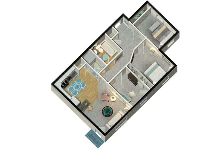 3D | The Alma Mater contains 3 bedrooms and 1.5 bathrooms in 800 square feet of living space.