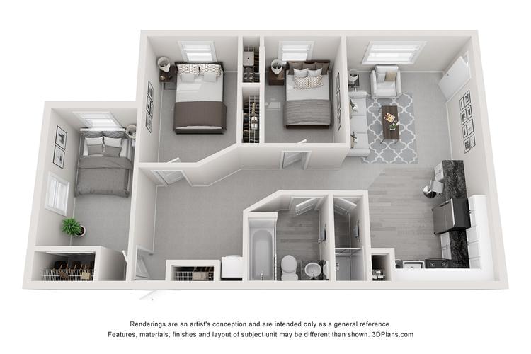 3D | The Alma Mater contains 3 bedrooms and 1.5 bathrooms in 800 square feet of living space.