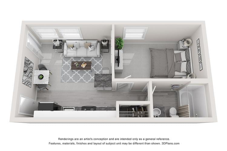 3D | The Dickenson contains 1 bedroom and 1 bathroom in 500 square feet of living space.