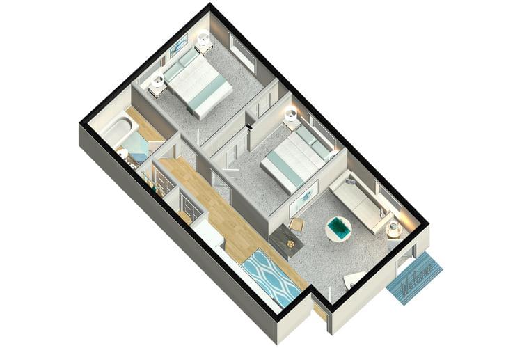 3D | The Collegiate contains 2 bedrooms and 1 bathrooms in 600 square feet of living space.