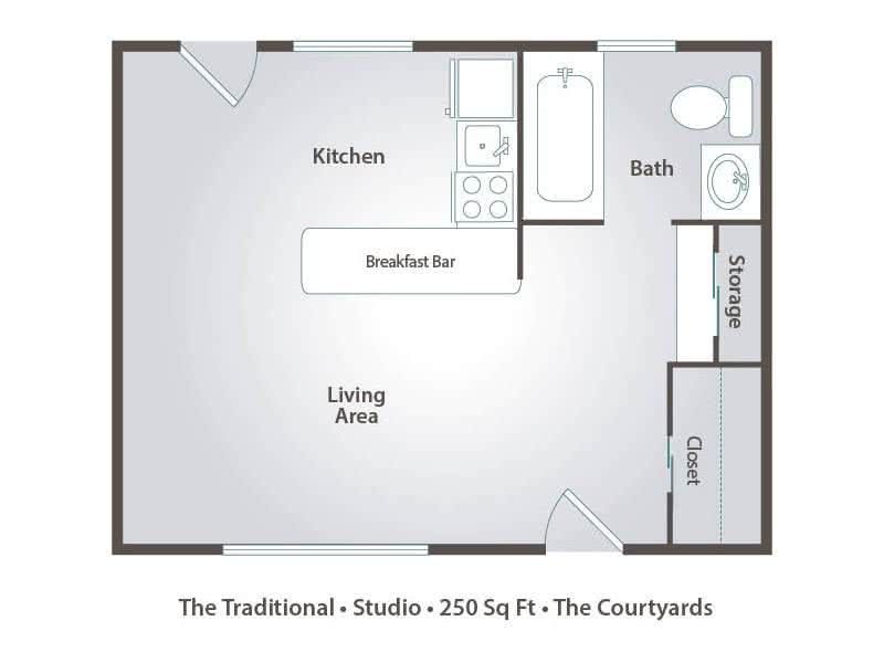 2D | The Traditional is a studio with 250 square feet of living space.