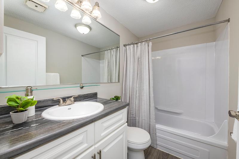 Bathroom | Bathrooms feature modern lighting and an oversized mirror.