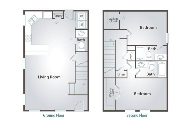 2D | The Truman floorplan are two of the most sought after two bedroom townhomes in Columbia, MO. The first floor of the Truman provides plenty of space for entertaining with a spacious gourmet kitchen which opens into the living area equipped with a 55” TV and a guest bathroom for the added privacy you and your guests deserve. The Second floor of the Aspen & Keystone provides a split floor plan with private bathrooms and walk-in closets. You’ll also enjoy the convenience of having your very own full-size washer and dryer.
