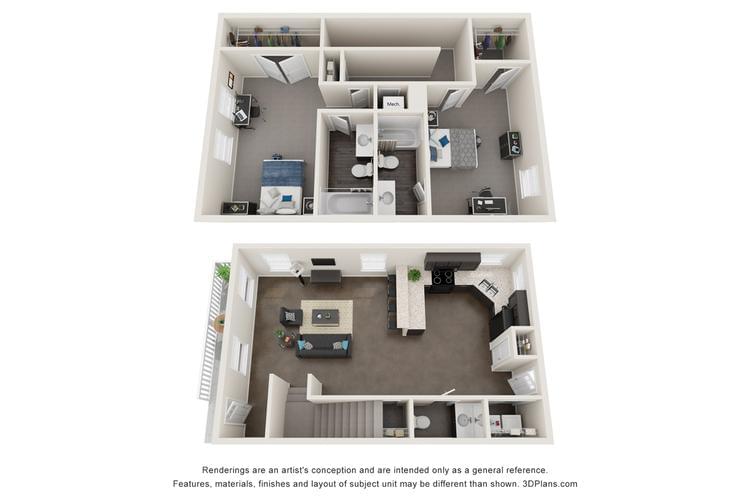 3D | The Truman floor plan is some of the most sought after two-bedroom townhomes in Columbia, MO.