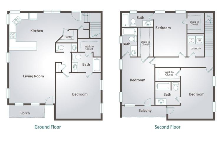 2D | Looking for a floor plan that will give you and your roommates the space and privacy you deserve? The Quad floorplan will have you covered. The first floor provides an enormous gourmet kitchen with a walk-in pantry you’ll have to see to believe. You’ll also be provided with a spacious living area that opens to a private back patio, guest bathroom and a large bedroom equipped with a private bathroom and spacious walk-in closet. The second floor provides a split floor plan with private bathrooms, massive walk-in closets and a private balcony.