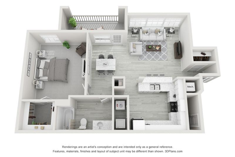 3D | Our incredibly spacious 1-bedroom, 1-bathroom floor plan that features an open layout while offering a warm and cozy at home feel. Enjoy ample closet space, a full laundry room, open kitchen with stainless steel appliances, white cabinetry, and granite-like counters, a breakfast bar and more!